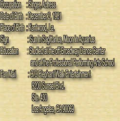 Occupation     : Singer, Actress
Date of Birth   : December 2, 1981
Place of Birth  : Kentwood, La.
Sign                 : Sun in Sagittarius, Moon in Aquarius
Education        : Studied at the off-Broadway Dance Center 
                           and at the Professional Performing Arts School  
Fan Mail           : C/O Elephant Walk Entertainment
                            9200 Sunset Blvd.
                            Ste. 430
                            Los Angeles, CA 90069 